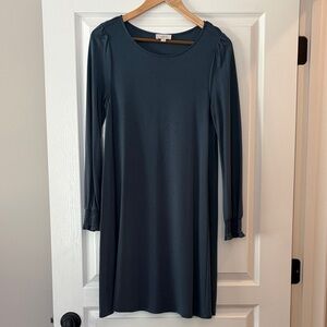 LOFT Outlet Teal Long Sleeve A-Line Dress with Smocked Cuffs